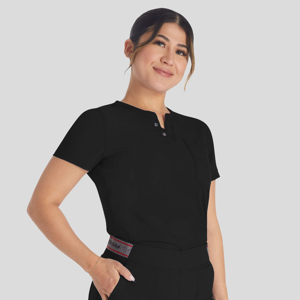 Women's Round Neck Henley Scrub Top | Black