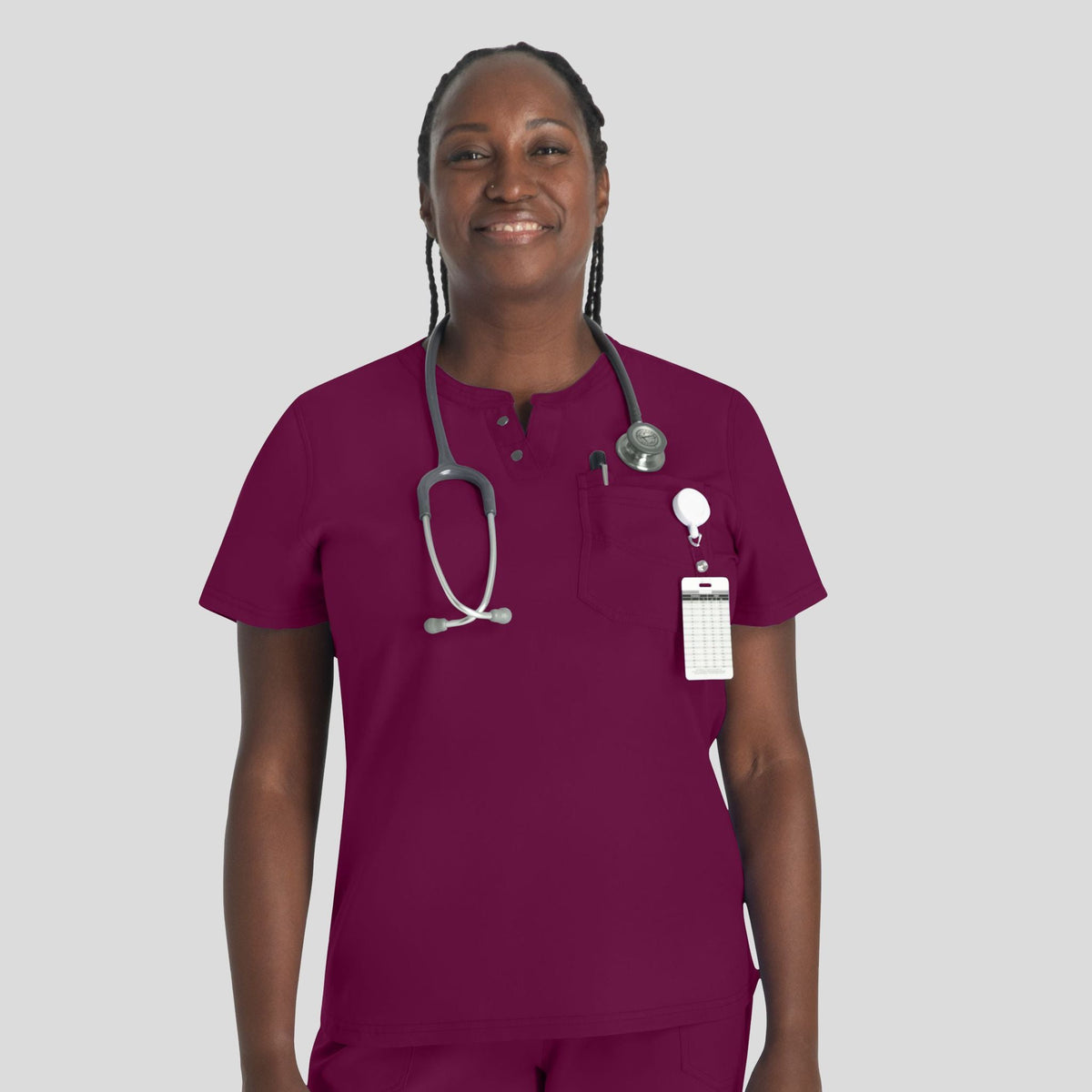 Women's Round Neck Henley Scrub Top | Wine