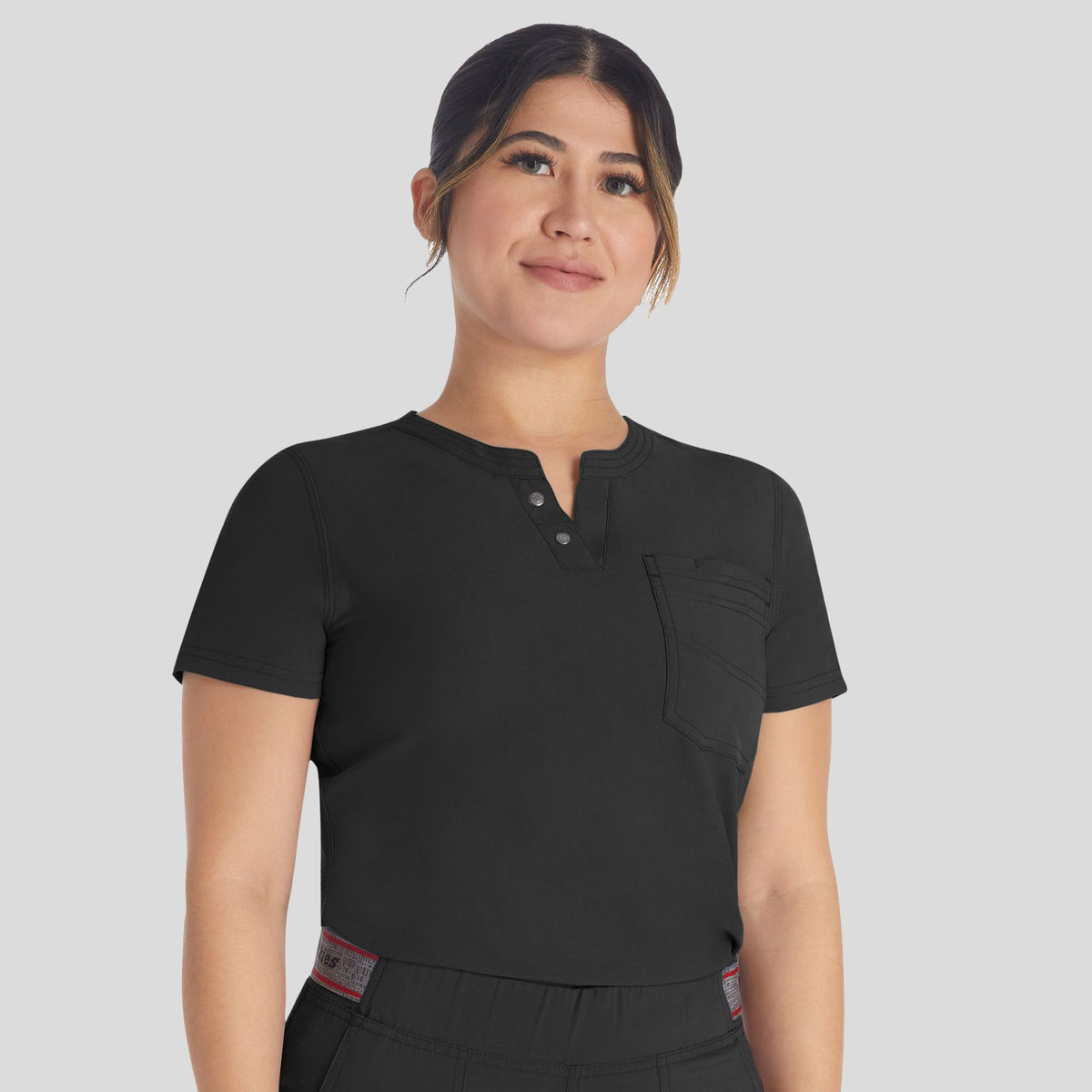 Women's Round Neck Henley Scrub Top | Black