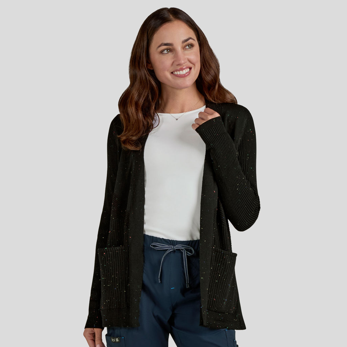 Kori Women's 2-Pocket Sweater Wrap | Black Multi-Color Speckled Dots